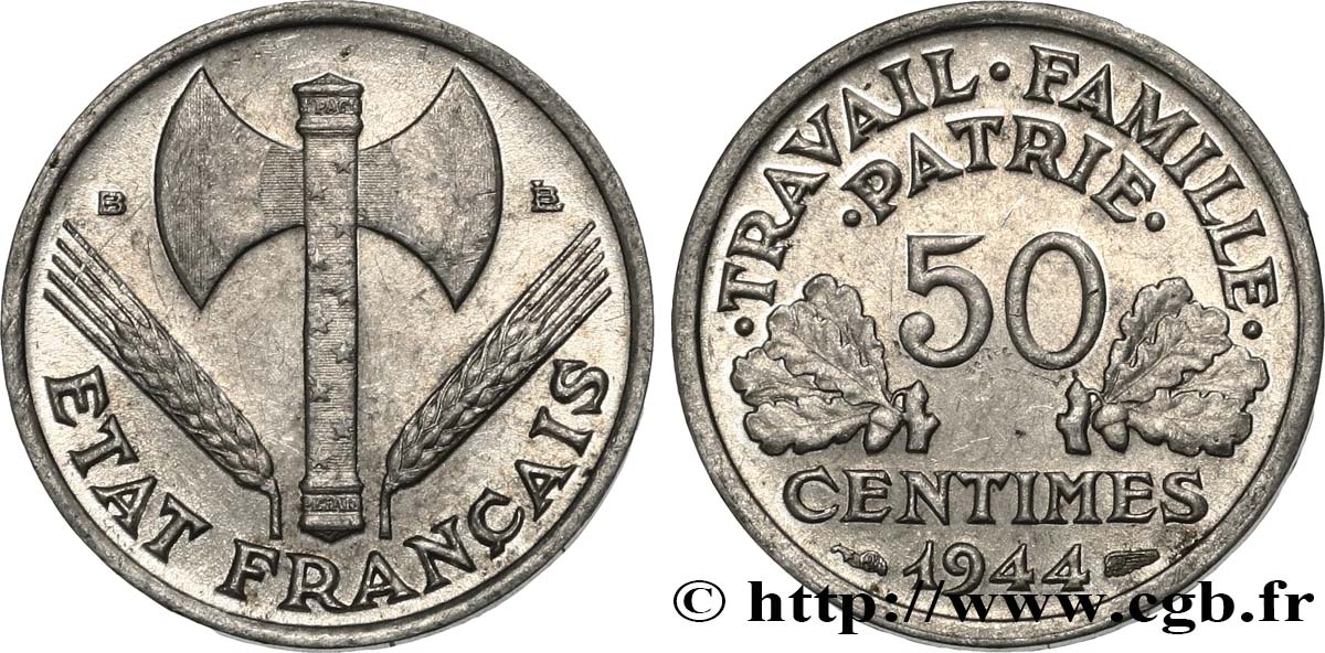 50 centimes Francisque, légère 1944 Beaumont-Le-Roger F.196/5 SUP55 