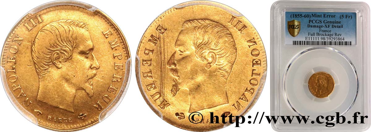 5 francs or Napoléon III, tête nue, grand module, en frappe incuse n.d. Paris F.501/2 MBC PCGS