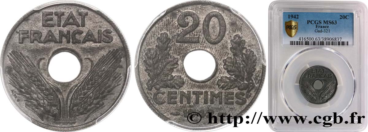 20 centimes État français 1942  F.153/4 MS63 PCGS