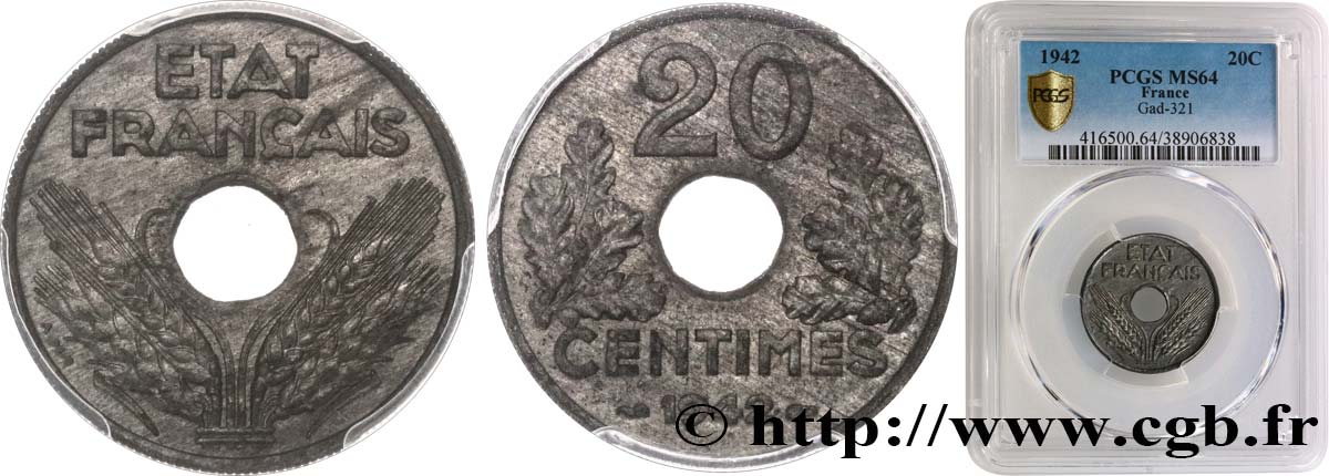 20 centimes État français 1942  F.153/4 MS64 PCGS