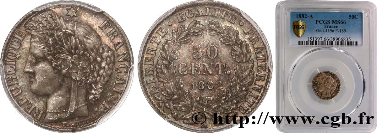 50 centimes Cérès, IIIe République 1882 Paris F.189/10 MS66 PCGS