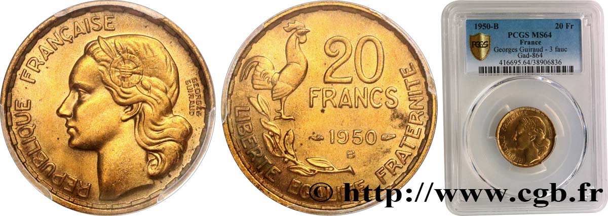 20 francs Georges Guiraud, 3 faucilles 1950 Beaumont-Le-Roger F.401/2 MS64 PCGS