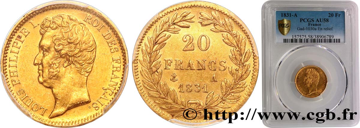 20 francs or Louis-Philippe, Tiolier, tranche inscrite en relief 1831 Paris F.525/2 AU58 PCGS