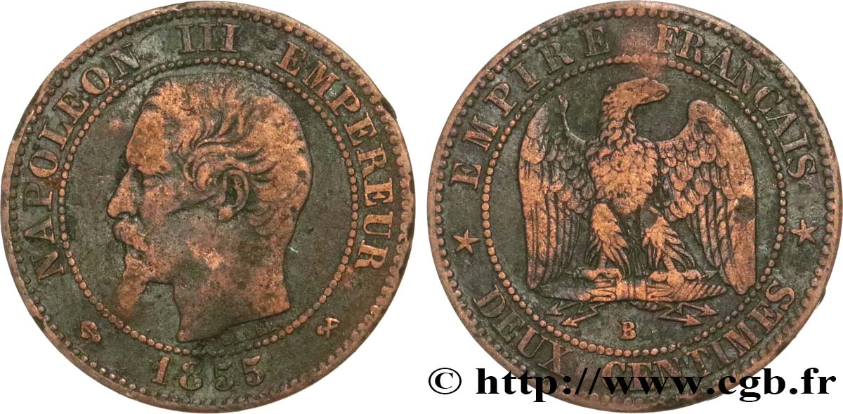 Deux centimes Napoléon III, tête nue, différent ancre 1855 Rouen F.107/22 SGE 