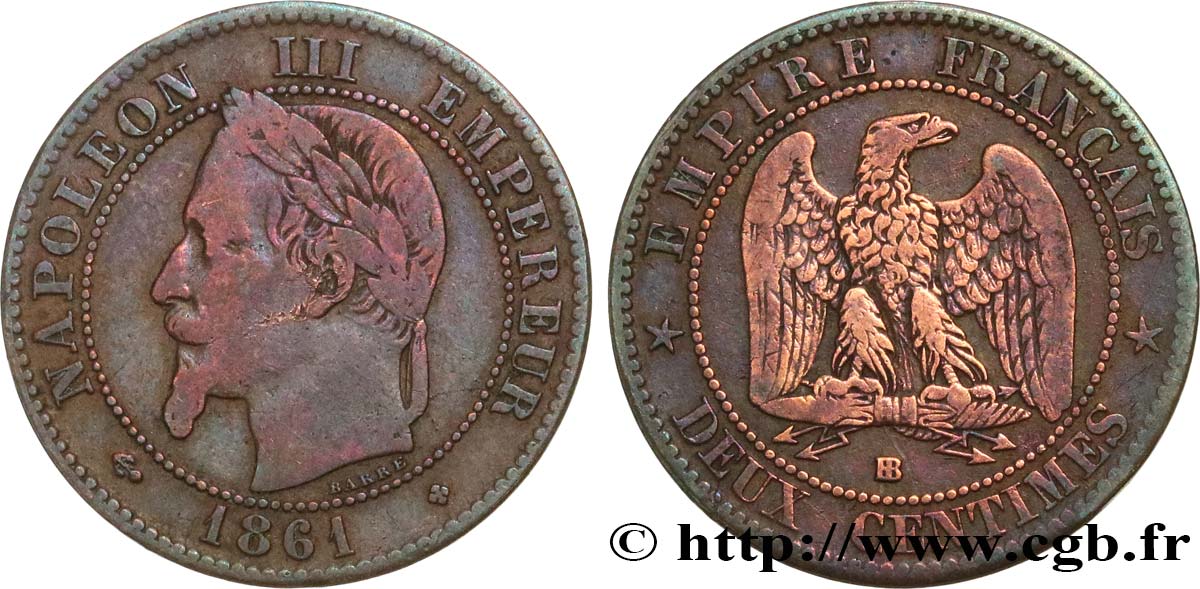 Deux centimes Napoléon III, tête laurée 1861 Strasbourg F.108A/2 VF 