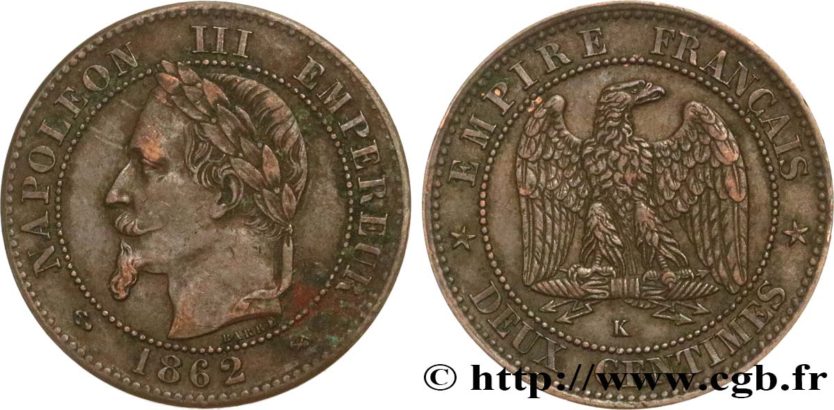 Deux centimes Napoléon III, tête laurée 1862 Bordeaux F.108A/7 TTB45 