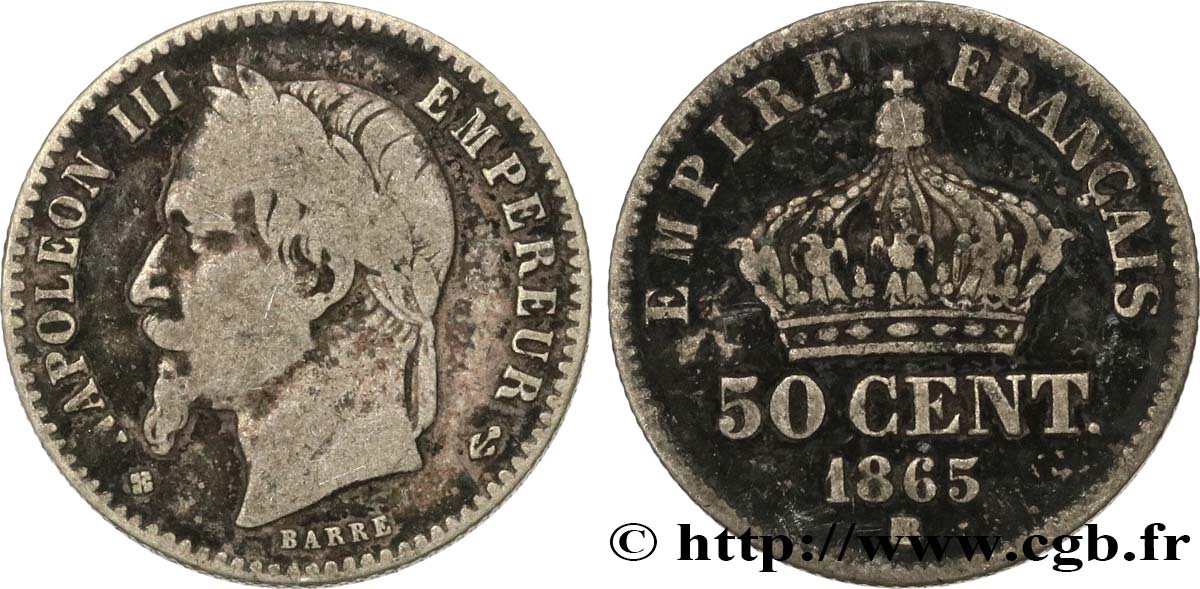 50 centimes Napoléon III, tête laurée 1865 Strasbourg F.188/7 q.MB 