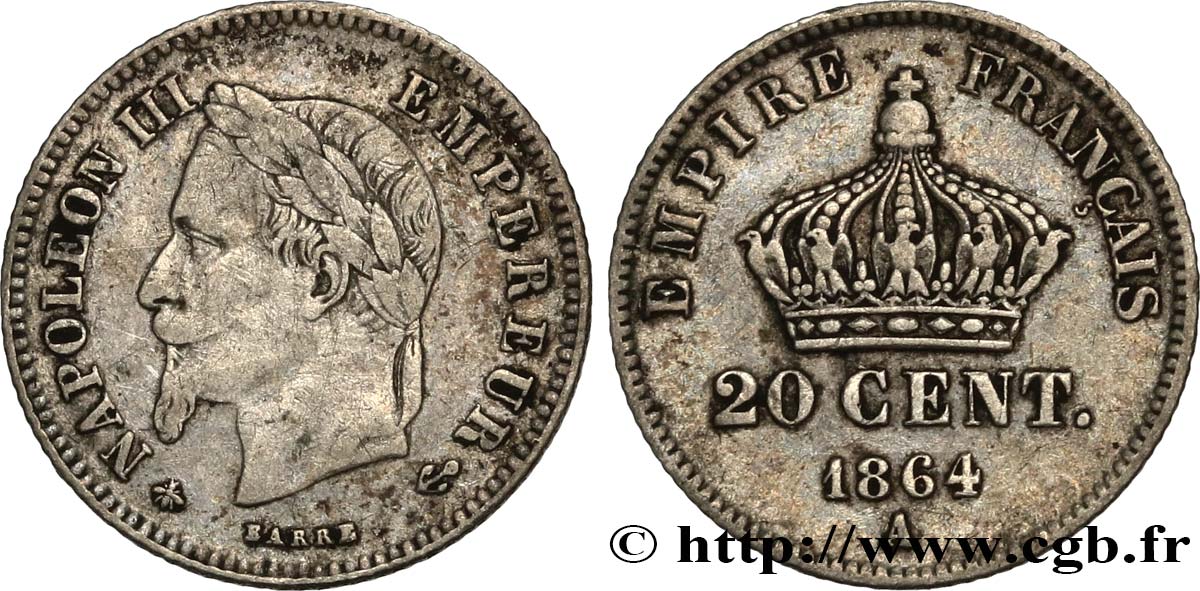 20 centimes Napoléon III, tête laurée, petit module 1864 Paris F.149/1 VF 