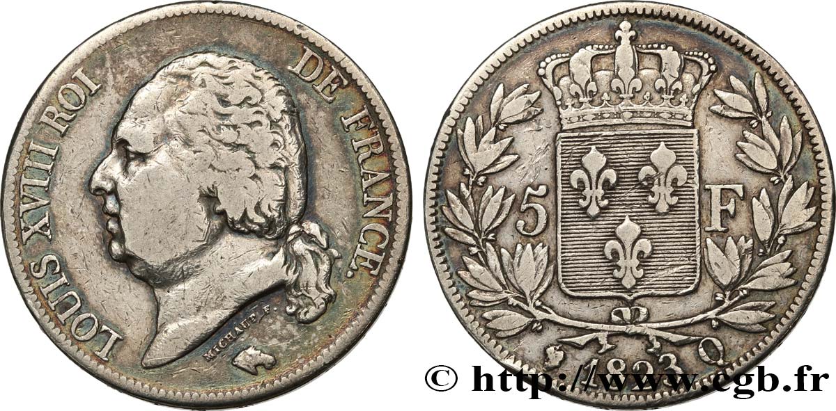 5 francs Louis XVIII, tête nue 1823 Perpignan F.309/86 TB 