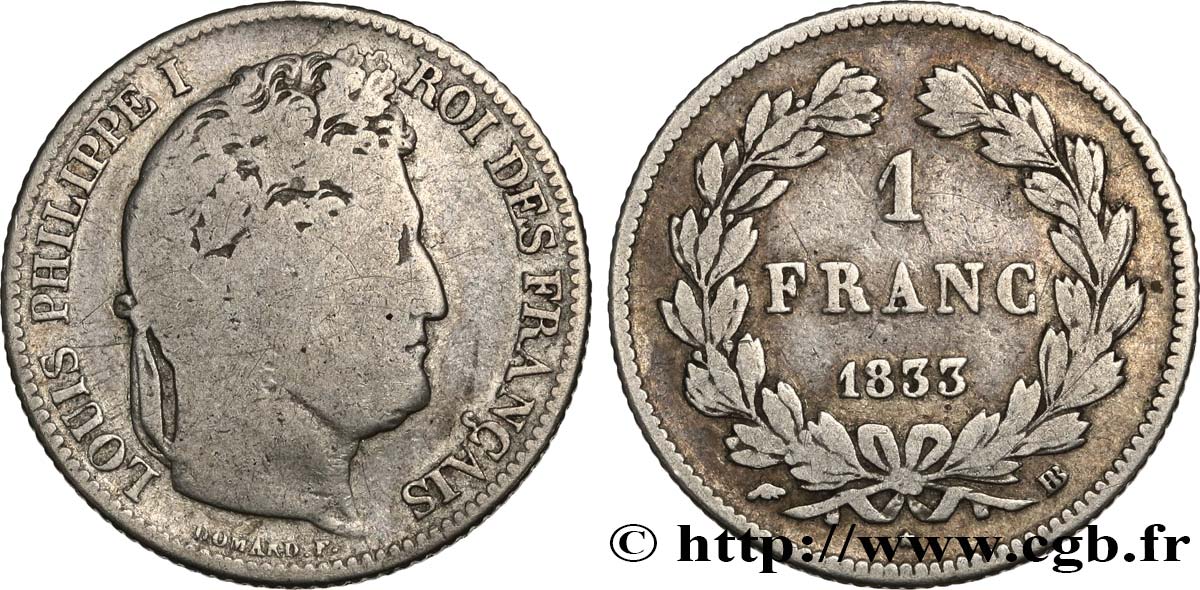 1 franc Louis-Philippe, couronne de chêne 1833 Strasbourg F.210/16 VG10 