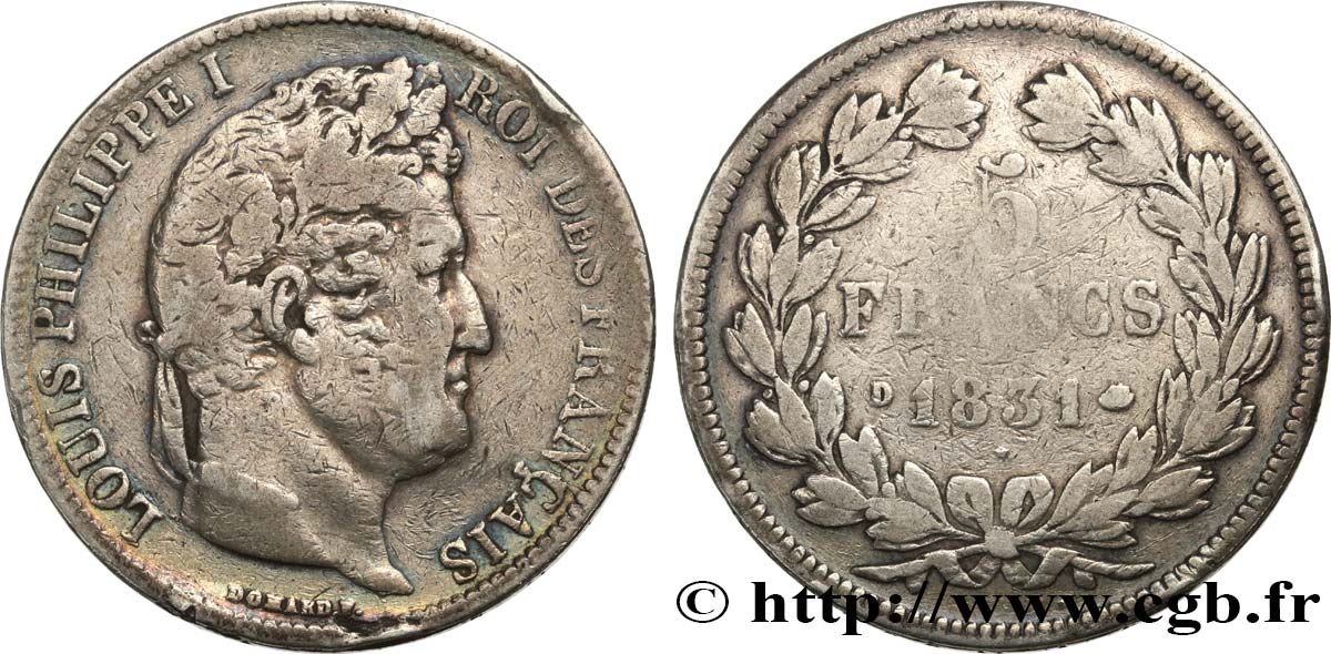 5 francs Ier type Domard, tranche en creux 1831 Lyon F.319/2 TB 