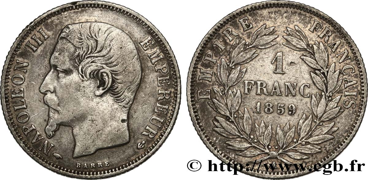 1 franc Napoléon III, tête nue 1859 Paris F.214/12 TB+ 