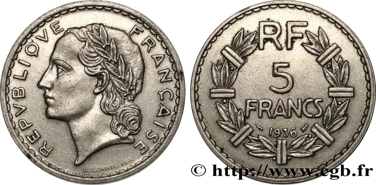 5 francs Lavrillier, nickel 1936  F.336/5 MBC+ 