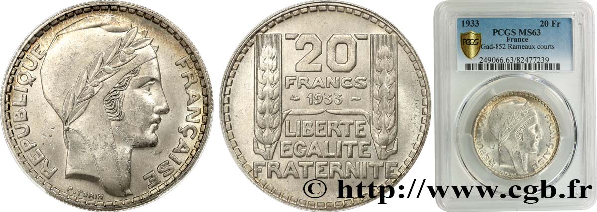 20 francs Turin, rameaux courts 1933  F.400/4 SPL63 PCGS