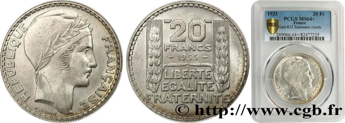 20 francs Turin, rameaux courts 1933  F.400/4 MS64 PCGS