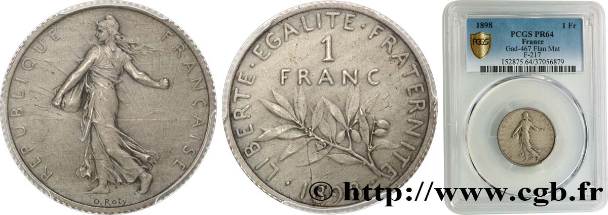 1 franc Semeuse, flan mat, vieil argent 1898 Paris F.217/2 SC64 PCGS
