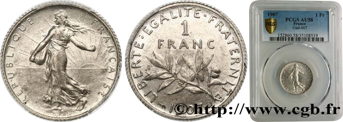 1 franc Semeuse 1907  F.217/12 SPL58 PCGS