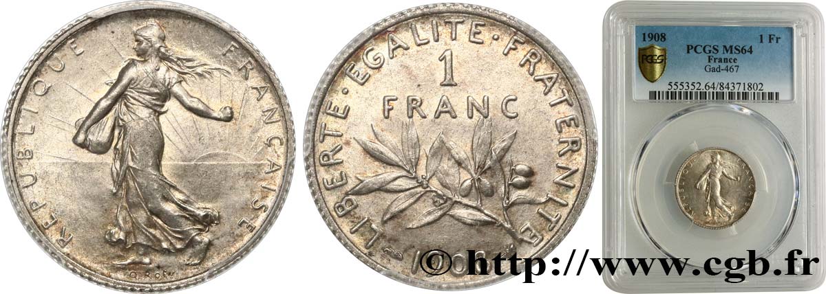 1 franc Semeuse 1908 Paris F.217/13 SPL64 PCGS