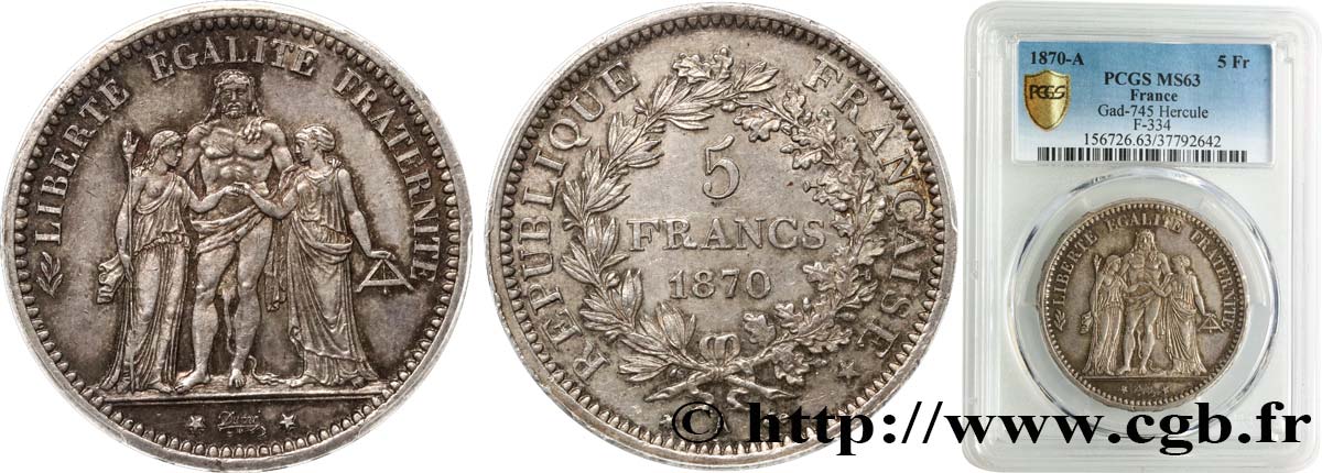 5 francs Hercule 1870 Paris F.334/1 MS63 PCGS