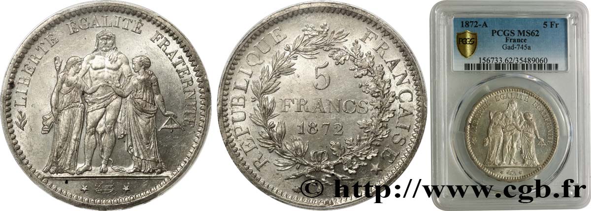 5 francs Hercule 1872 Paris F.334/6 SPL62 PCGS