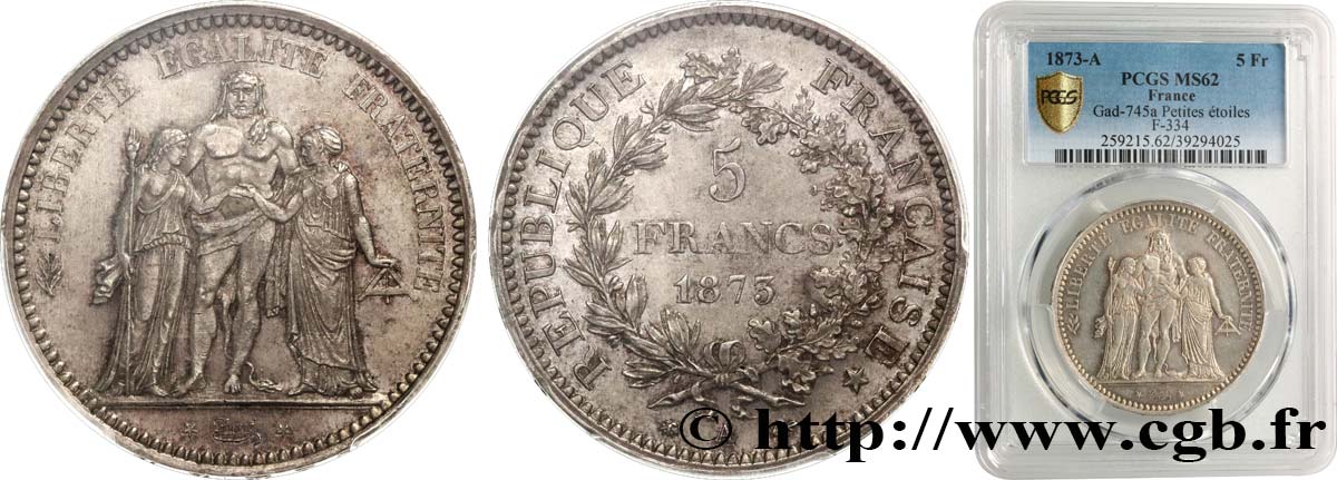5 francs Hercule 1873 Paris F.334/10 SPL62 PCGS