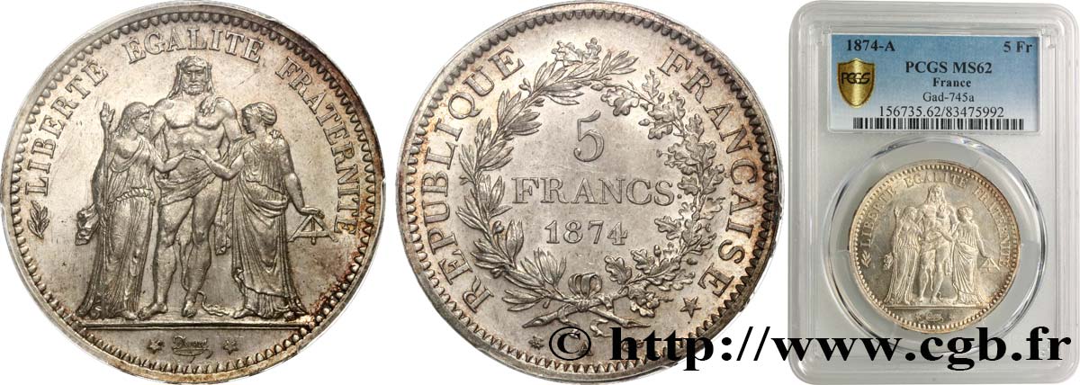 5 francs Hercule 1874 Paris F.334/12 MS62 PCGS