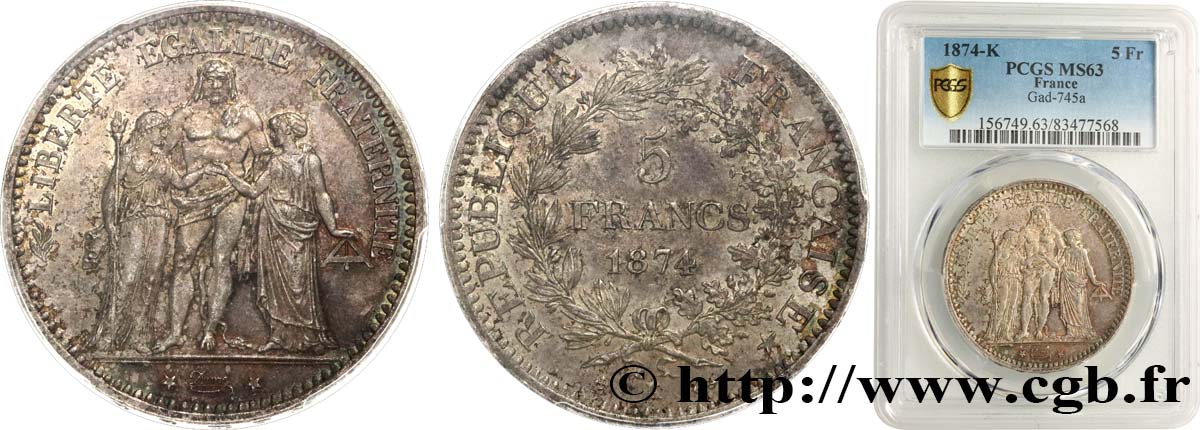 5 francs Hercule 1874 Bordeaux F.334/13 fST63 PCGS