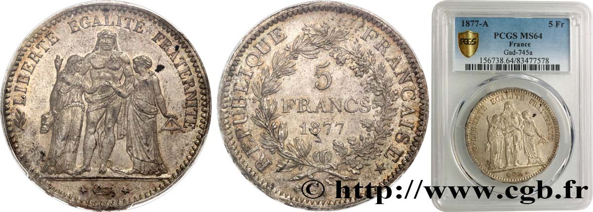 5 francs Hercule 1877 Paris F.334/19 SC64 PCGS