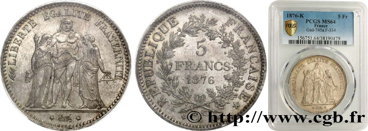 5 francs Hercule 1876 Bordeaux F.334/18 SC64 PCGS