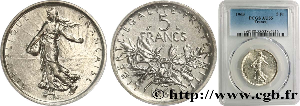 5 francs Semeuse, argent 1963 Paris F.340/7 AU55 PCGS