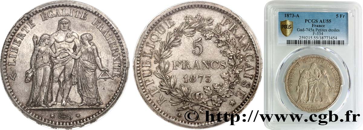 5 francs Hercule 1873 Paris F.334/10 SPL55 PCGS