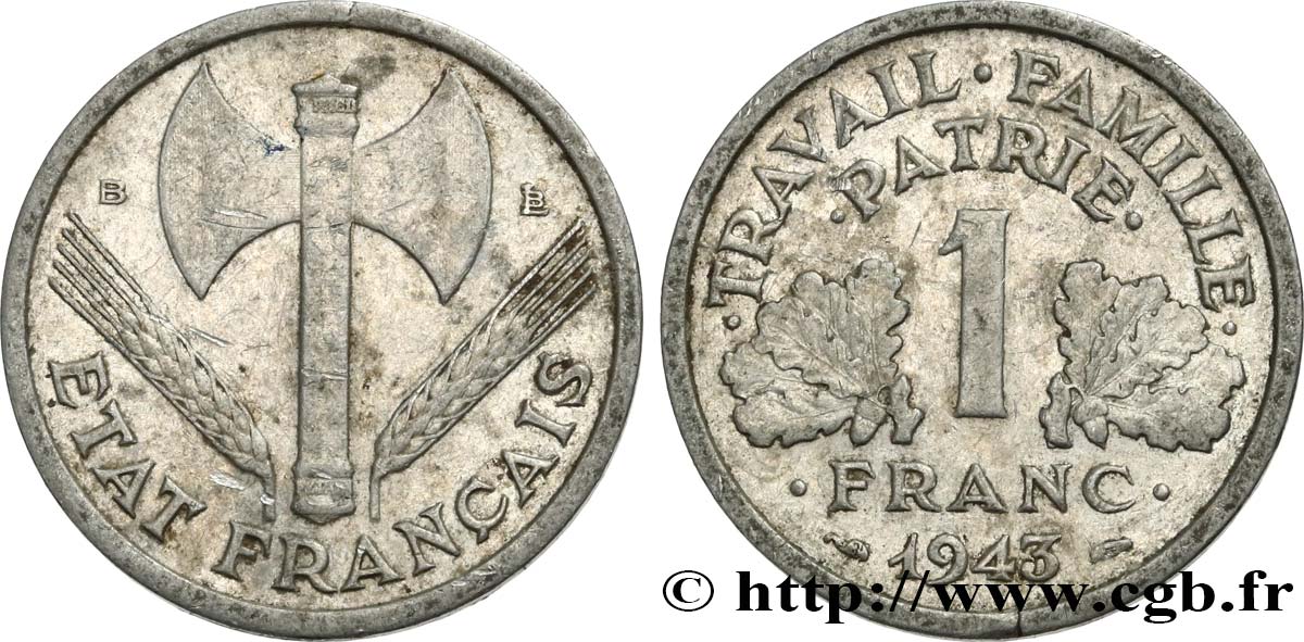 1 franc Francisque, légère 1943 Beaumont-Le-Roger F.223/4 TB35 