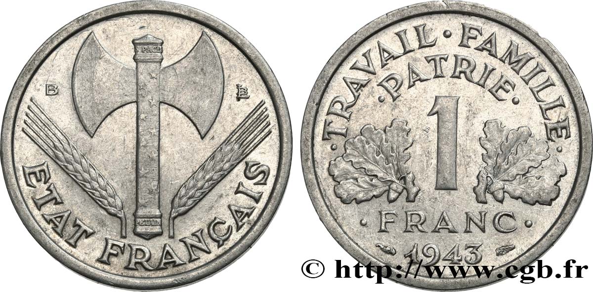 1 franc Francisque, légère 1943 Beaumont-Le-Roger F.223/4 XF45 