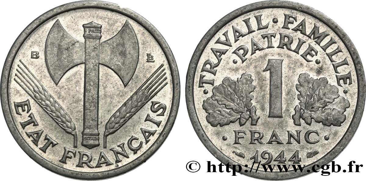 1 franc Francisque, légère 1944 Beaumont-Le-Roger F.223/6 MBC50 