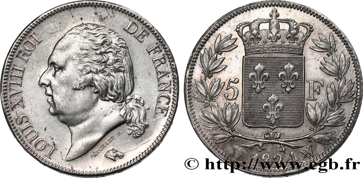 5 francs Louis XVIII, tête nue 1824 Lille F.309/98 TTB+ 