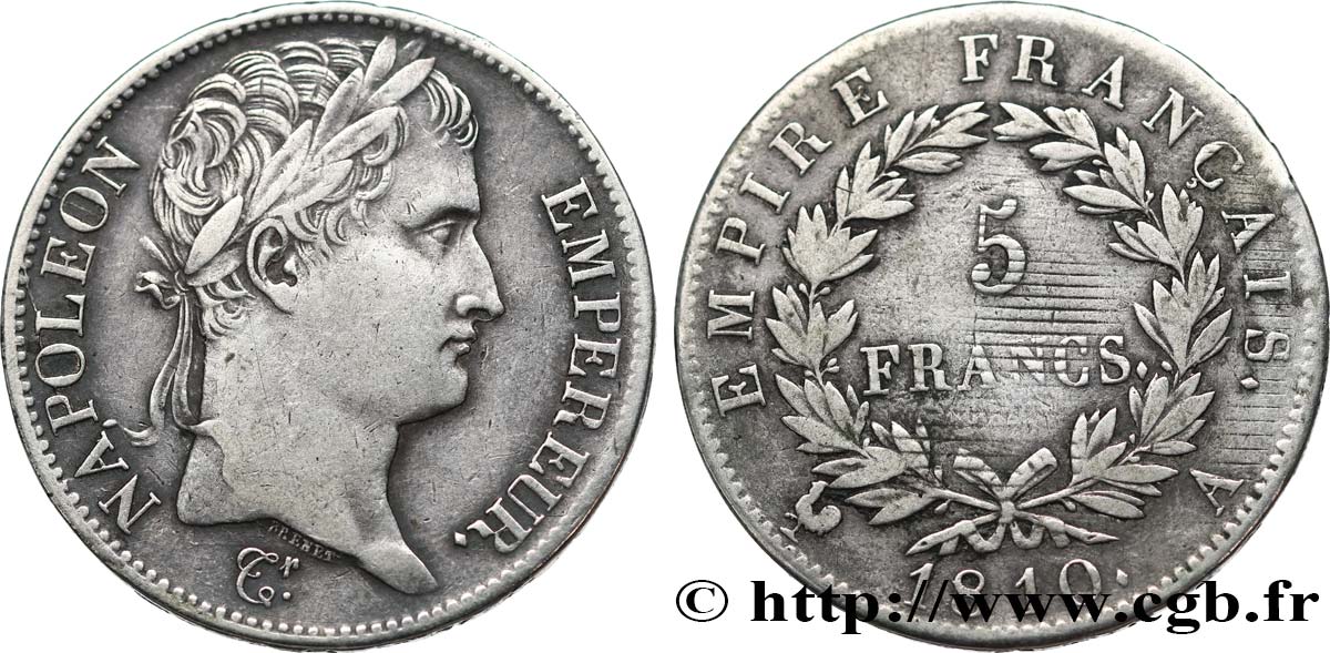 5 francs Napoléon Empereur, Empire français 1810 Paris F.307/14 TB+ 