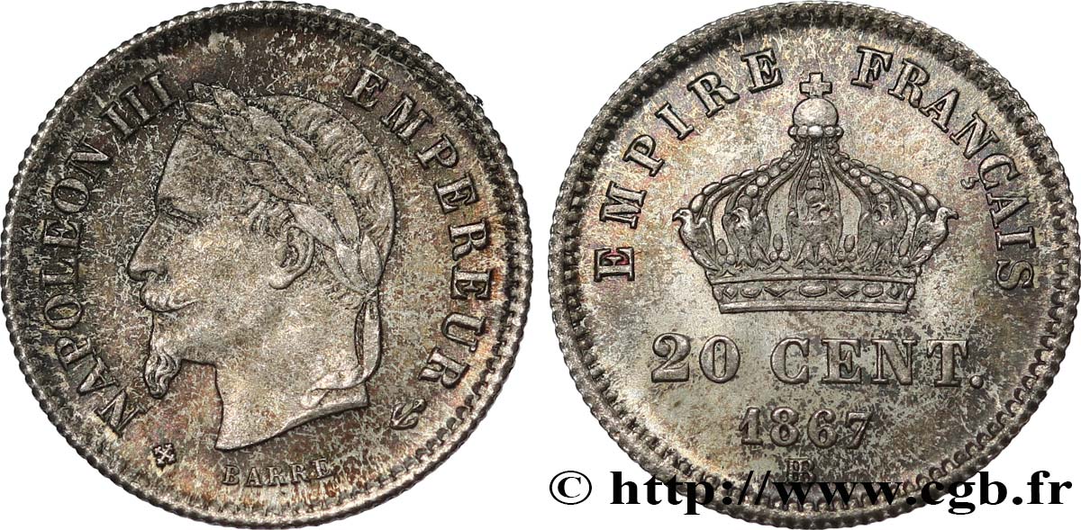 20 centimes Napoléon III, tête laurée, grand module 1867 Strasbourg F.150/2 VZ55 