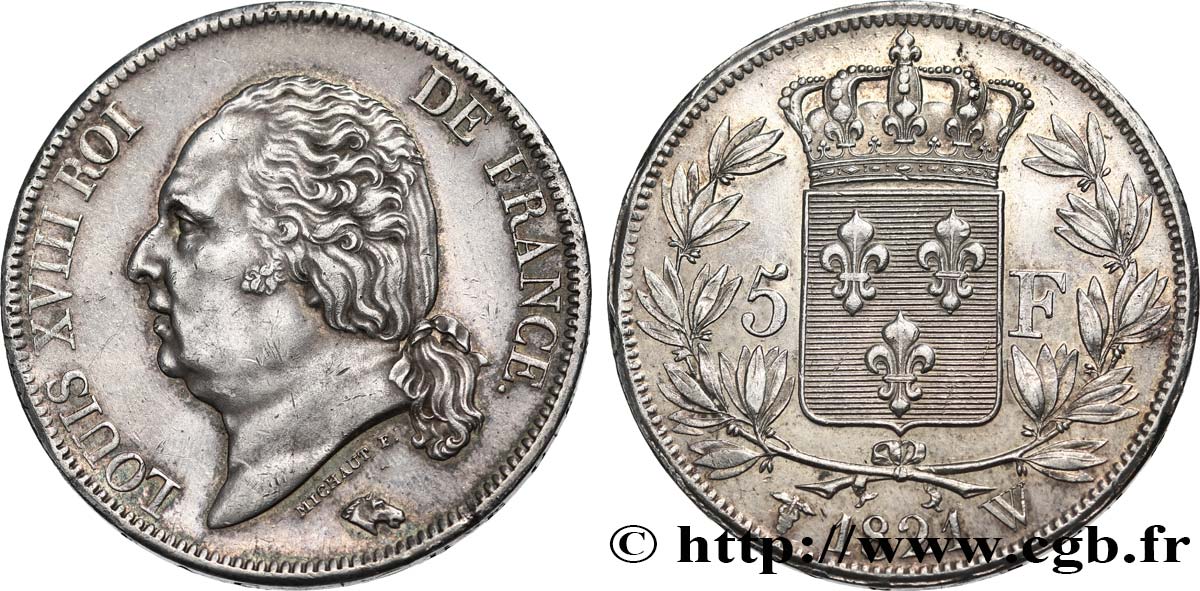 5 francs Louis XVIII, tête nue 1821 Lille F.309/67 q.SPL 