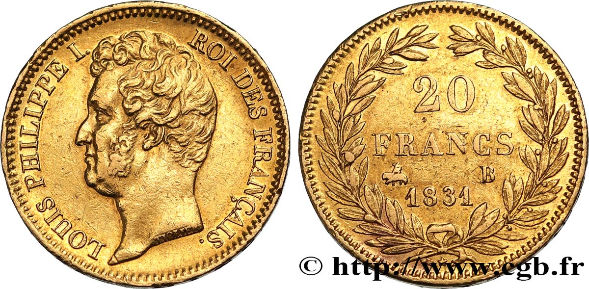 20 francs or Louis-Philippe, Tiolier, tranche inscrite en creux 1831 Rouen F.524/3 MBC 