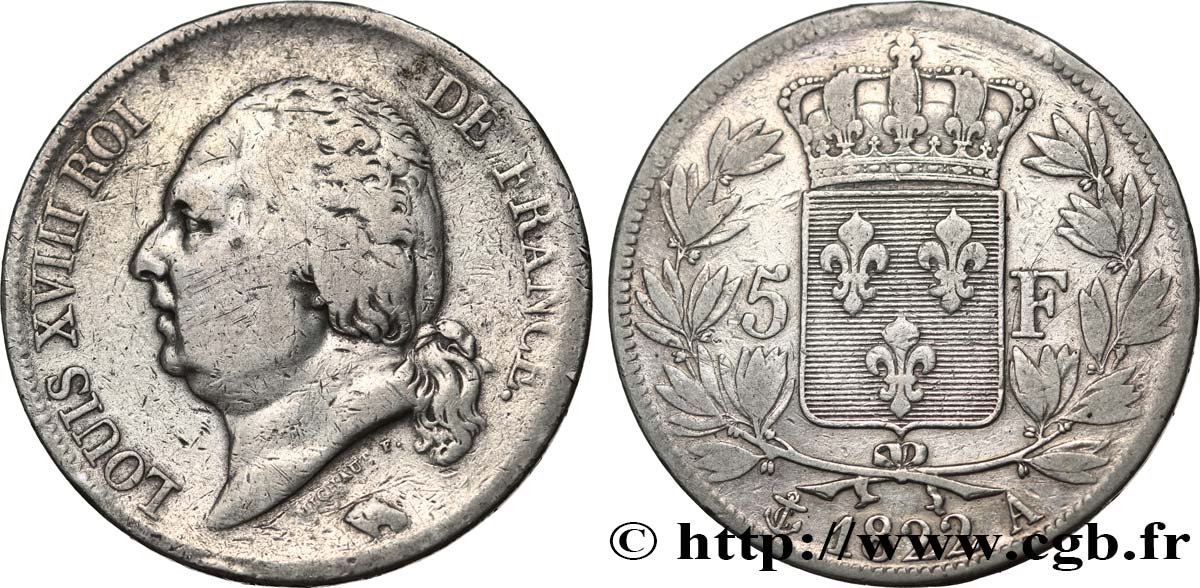 5 francs Louis XVIII, tête nue 1822 Paris F.309/68 TB 