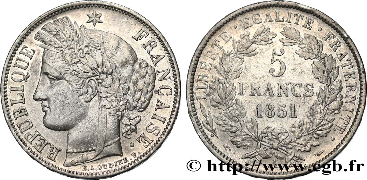 5 francs Cérès, IIe République 1851 Paris F.327/7 XF 