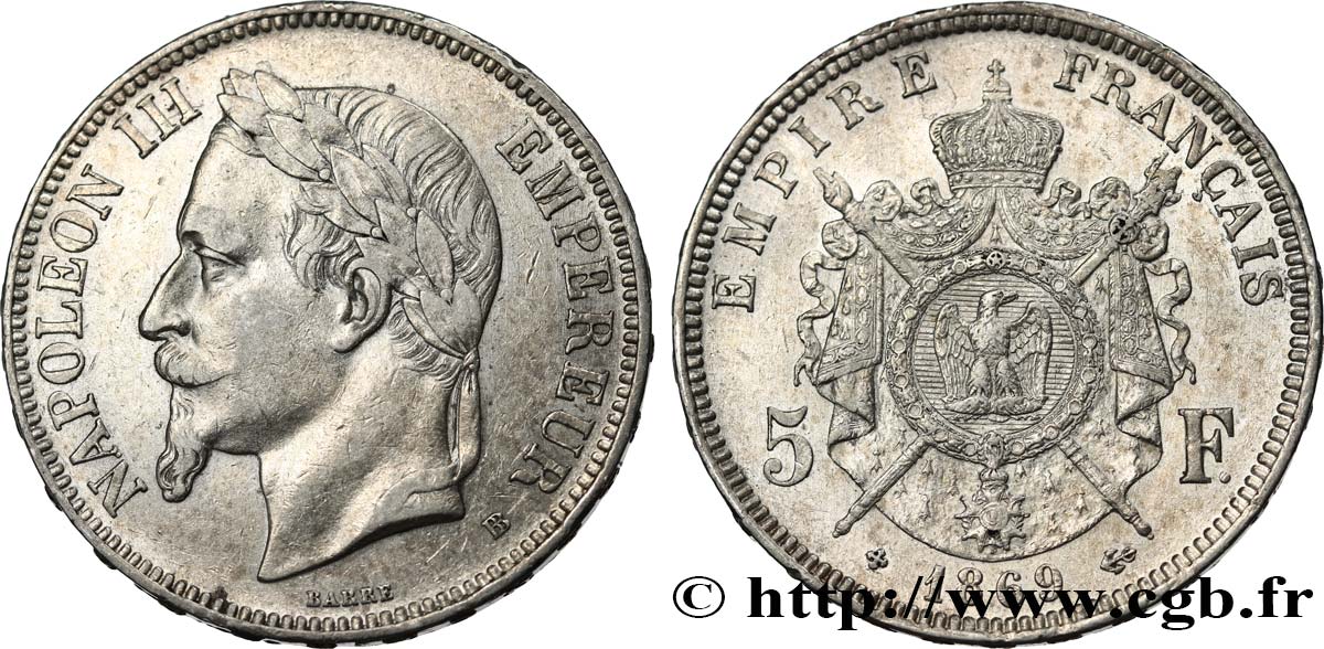 5 francs Napoléon III, tête laurée 1869 Strasbourg F.331/15 TTB 
