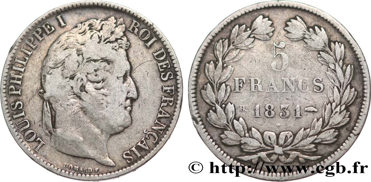 5 francs Ier type Domard, tranche en creux 1831 Strasbourg F.319/1 MB20 