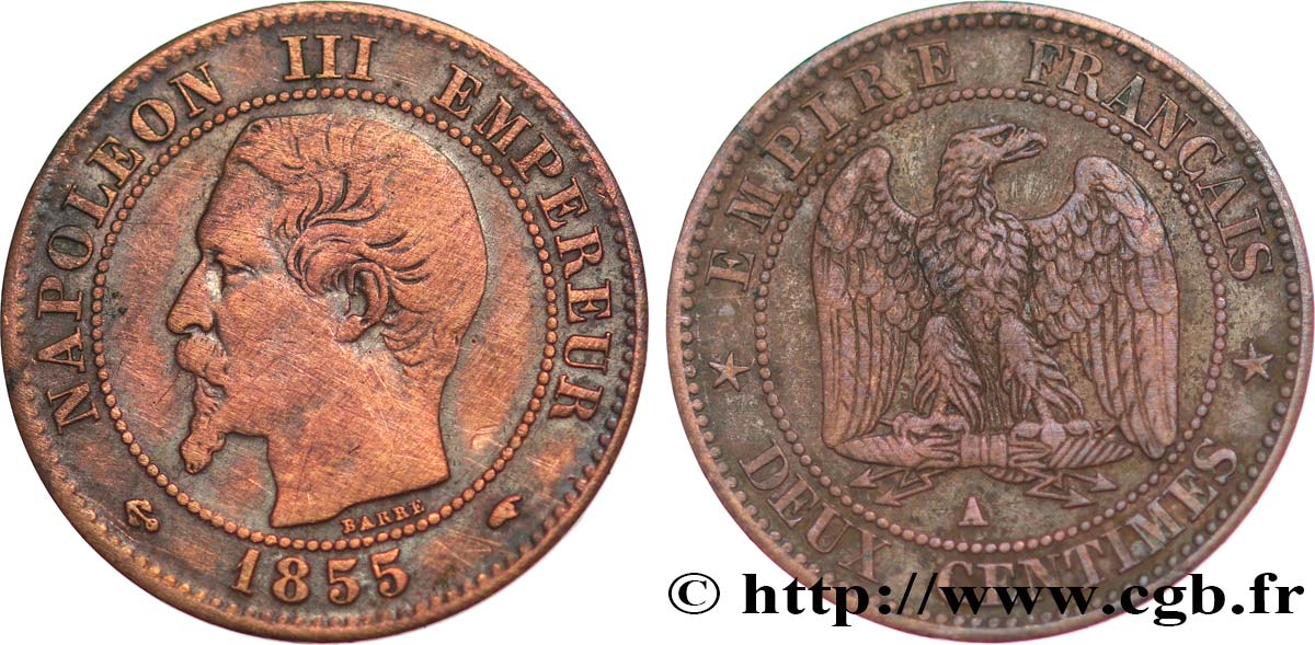 Deux centimes Napoléon III, tête nue 1855 Paris F.107/20 BC+ 