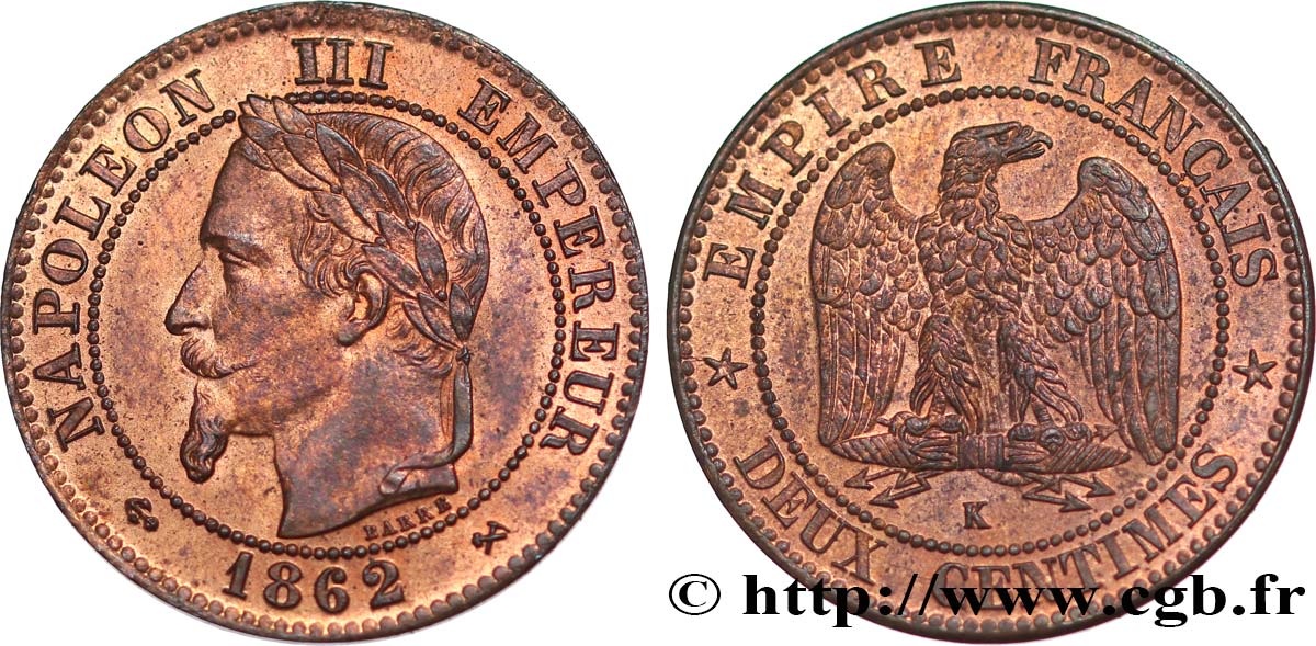 Deux centimes Napoléon III, tête laurée 1862 Bordeaux F.108A/7 MS62 