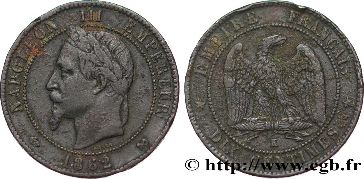Dix centimes Napoléon III, tête laurée 1862 Bordeaux F.134/9 TB+ 
