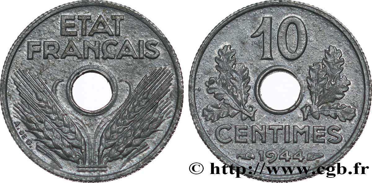 10 centimes État français, petit module 1944  F.142/3 EBC60 