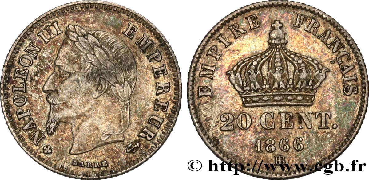 20 centimes Napoléon III tête laurée, petit module 1866 Strasbourg F.149/5 S35 