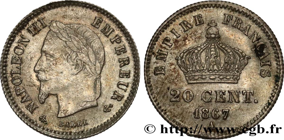 20 centimes Napoléon III, tête laurée, grand module 1867 Paris F.150/1 MBC40 