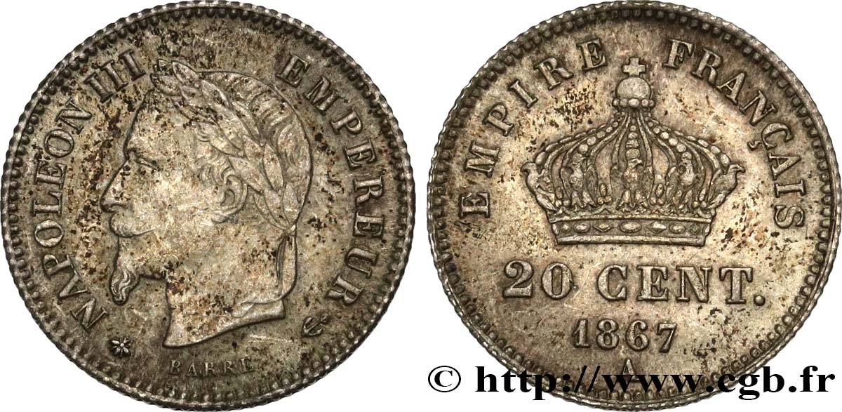 20 centimes Napoléon III, tête laurée, grand module 1867 Paris F.150/1 XF40 